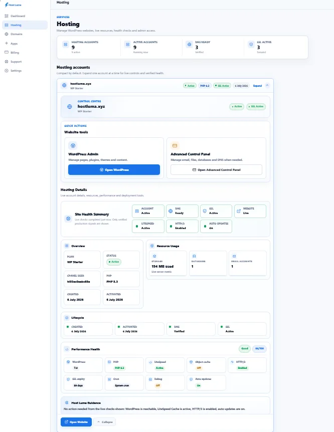 Host Luma hosting controls showing WordPress login, SSL and account details